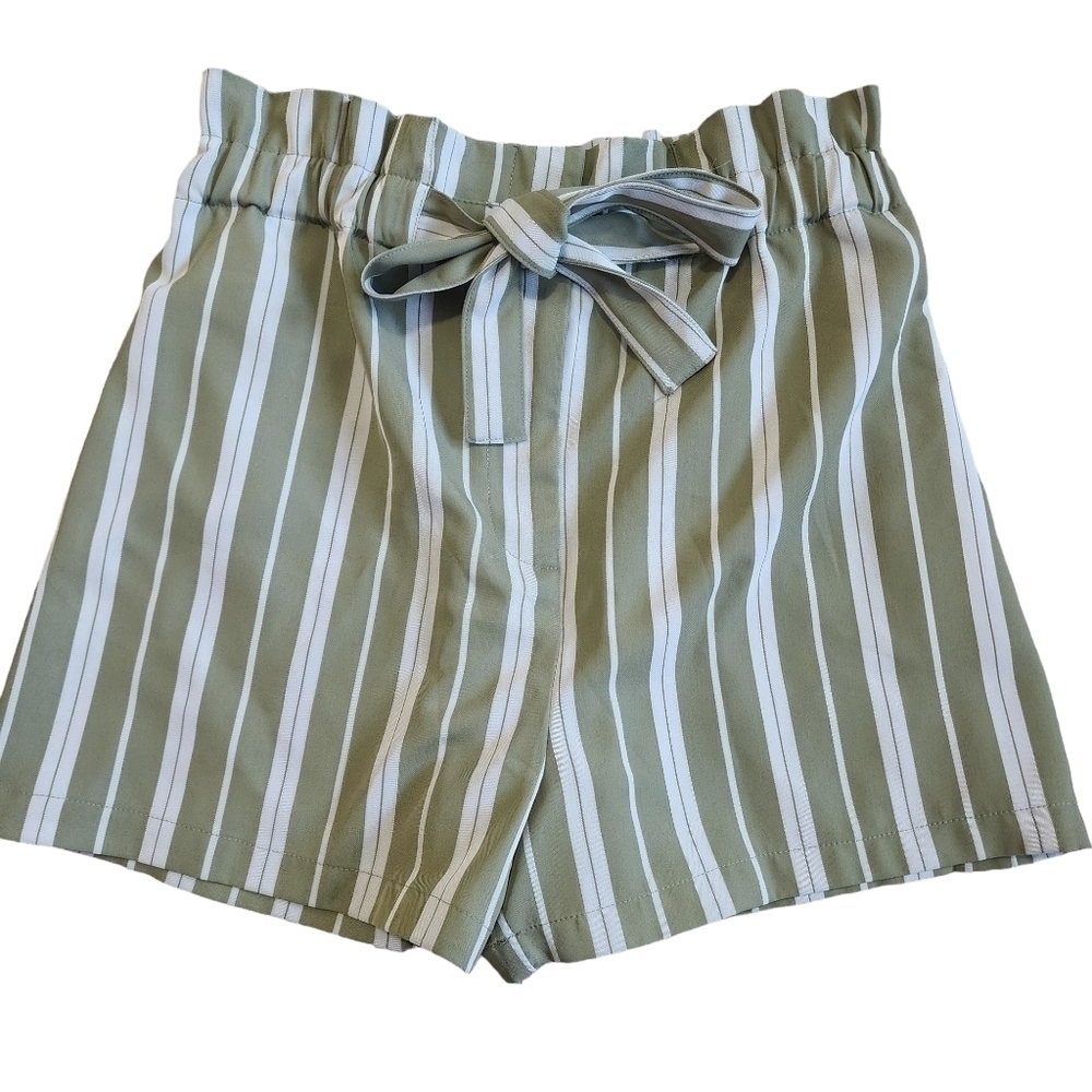 Forever 21 Green Striped Elastic Waist Tie Shorts - Medium